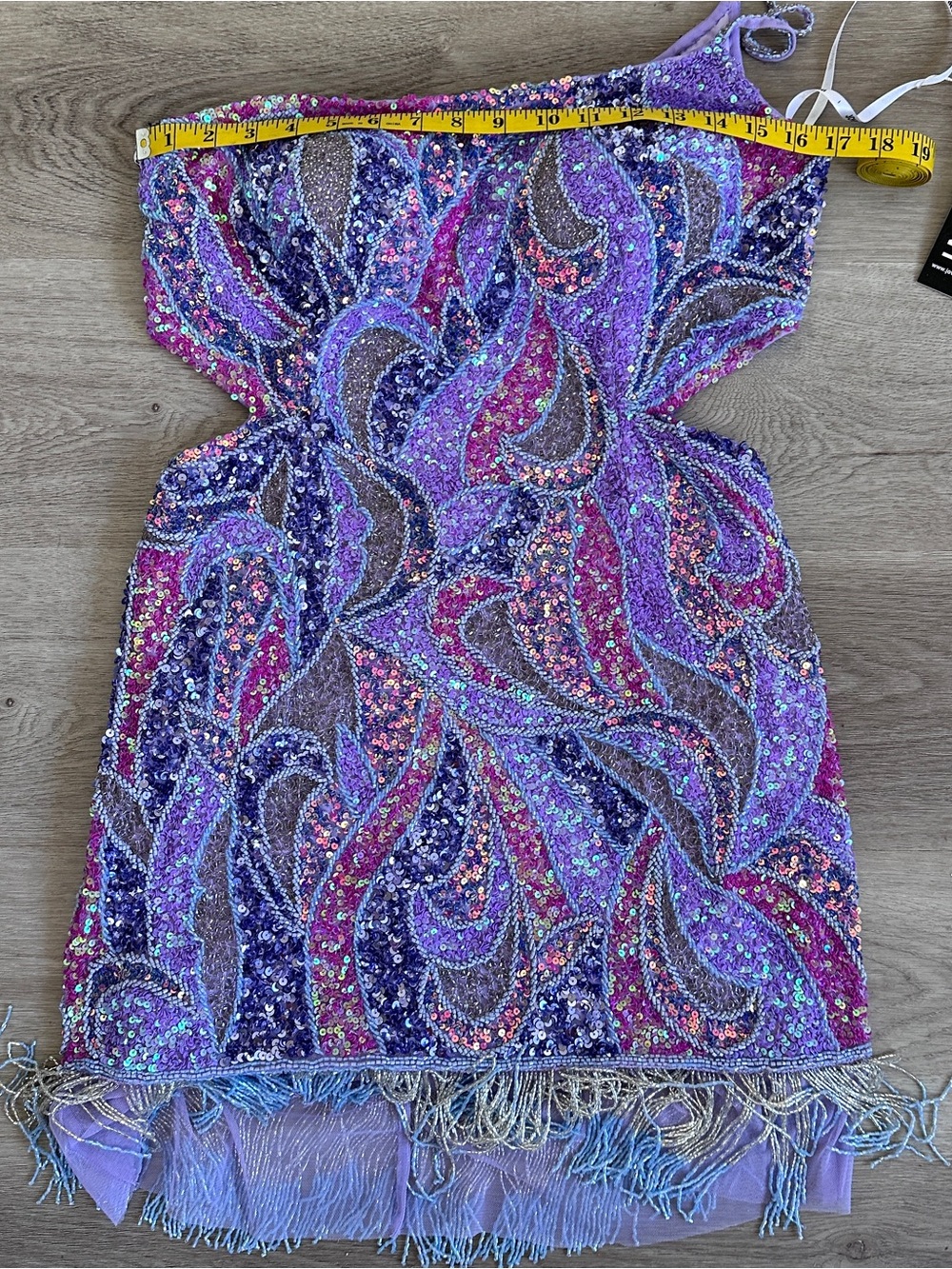 NWT Jovani 40076 Sequin Fringe One Shoulder Cutout Mini Dress Purple Lilac - Picture 3 of 3